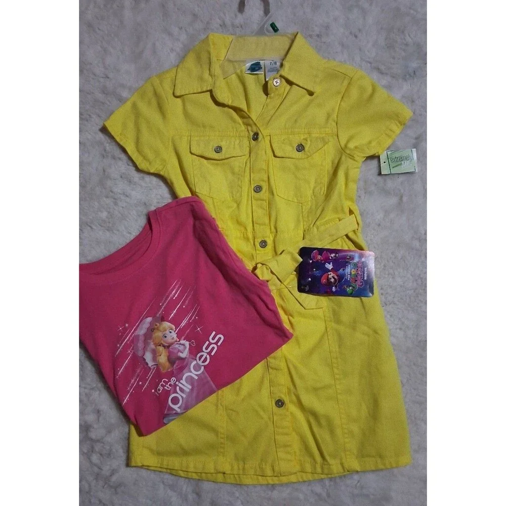Girls Yellow Button Down Dress & Pink Princess T-Shirt Set